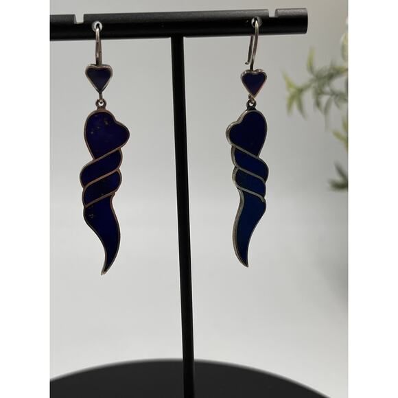 Lapis Lazuli Royal Blue 950 Sterling Silver Heart Dangle Southwestern Earring - Picture 9 of 10